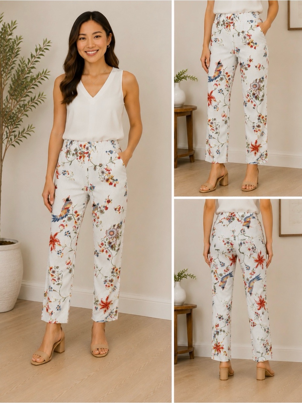Peck & Peck Floral Bird Print Pull-On Pants Size 2